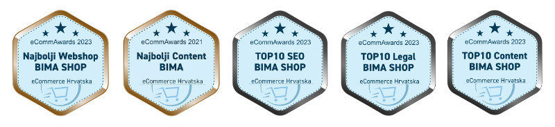 Bima shop je osvojio brojne nagrade. Najbolji Content Marketing, najbolji webshop u hrvatskoj, top 10 SEO, top 10 Legal, Top 10 Content. Marketing stručnjaci odgovorni za Bima webshop su Goran Peremin i Mihael Kunac