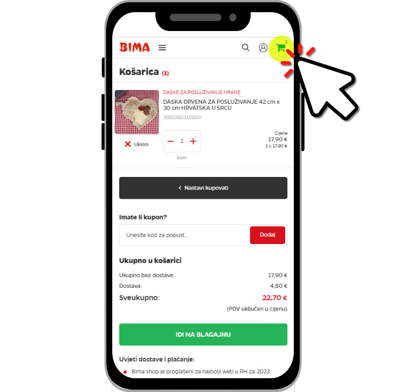 Bima shop - provjera artikala u košarici