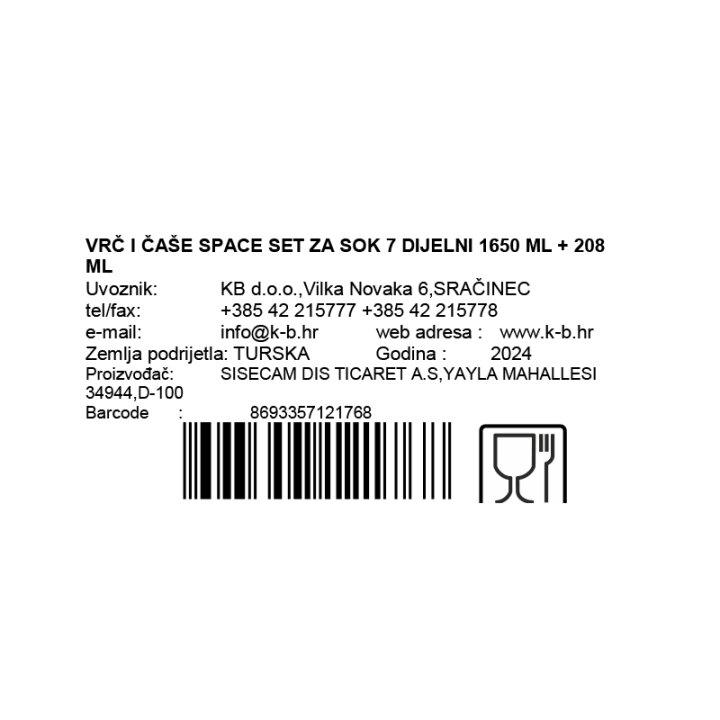 VRČ ZA VODU I ČAŠE SPACE SET ZA SOK 7 DIJELNI 1650 ML + 208 ML