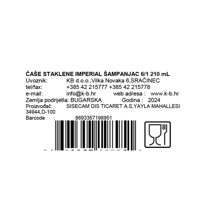 ČAŠE STAKLENE IMPERIAL ŠAMPANJAC 6/1 210 mL