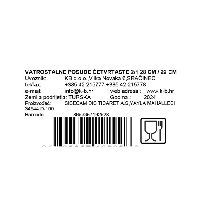 VATROSTALNE POSUDE ČETVRTASTE 2/1 22 i 28 cm