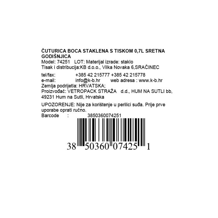 ČUTURICA BOCA STAKLENA S TISKOM 0,7L SRETNA GODIŠNJICA