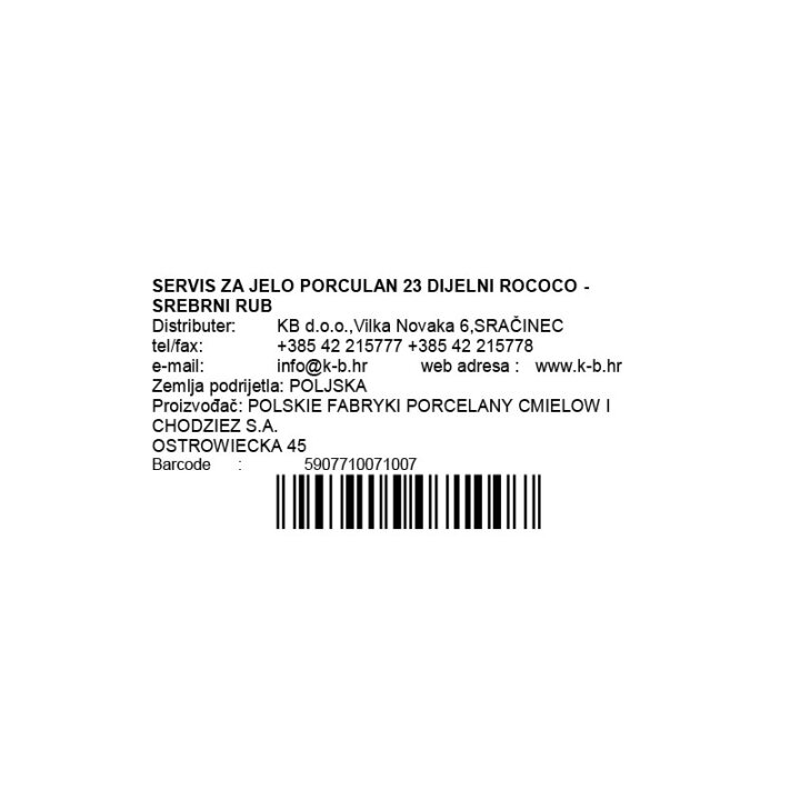 SERVIS ZA JELO PORCULAN 23/1 SREBRNI RUB SA JUŠNIKOM 2,7 L ROCOCO