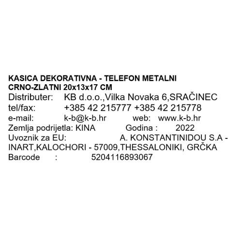 KASICA DEKORATIVNA - TELEFON METALNI CRNO-ZLATNI 20x13x17 CM
