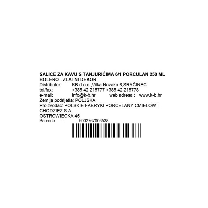 ŠALICE ZA KAVU S TANJURIĆIMA 6/1 PORCULAN 250 ML BOLERO - ZLATNI DEKOR
