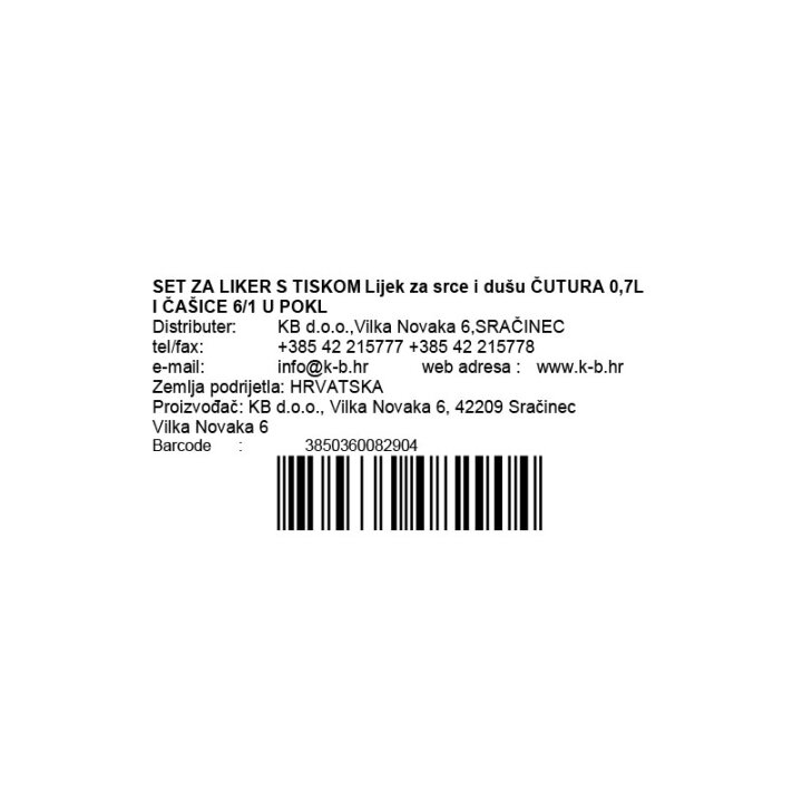 SET ZA LIKER S TISKOM Lijek za srce i dušu ČUTURA 0,7L I ČAŠICE 6/1 U POKLON KUT