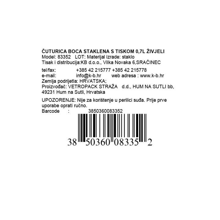 ČUTURICA BOCA STAKLENA S TISKOM 0,7L ŽIVJELI