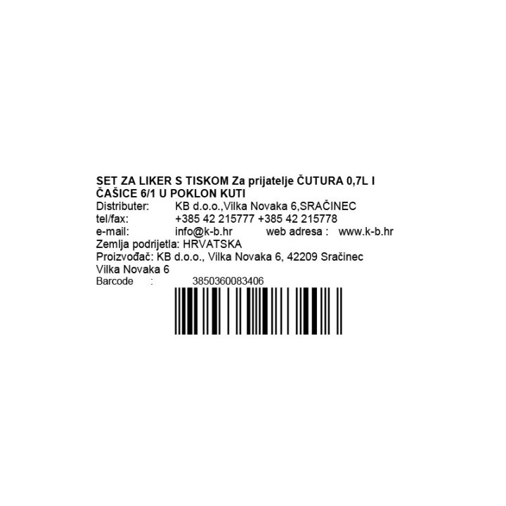 SET ZA LIKER S TISKOM Za prijatelje ČUTURA 0,7L I ČAŠICE 6/1 U POKLON KUTIJI