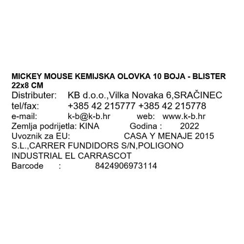 MICKEY MOUSE KEMIJSKA OLOVKA 10 BOJA - BLISTER 22x8 CM