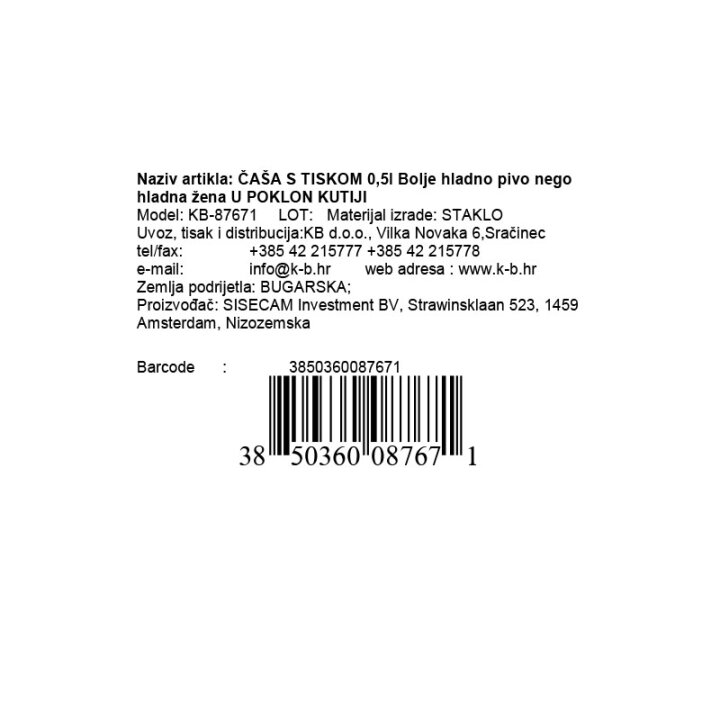 ČAŠA ZA PIVO S TISKOM 0,5 L BOLJE HLADNO PIVO NEGO HLADNA ŽENA