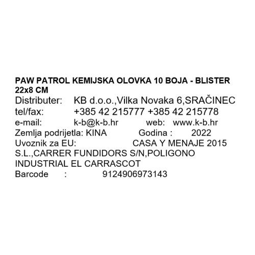 PAW PATROL KEMIJSKA OLOVKA 10 BOJA - BLISTER 22x8 CM
