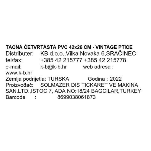 TACNA ČETVRTASTA PVC 42x26 CM - VINTAGE PTICE