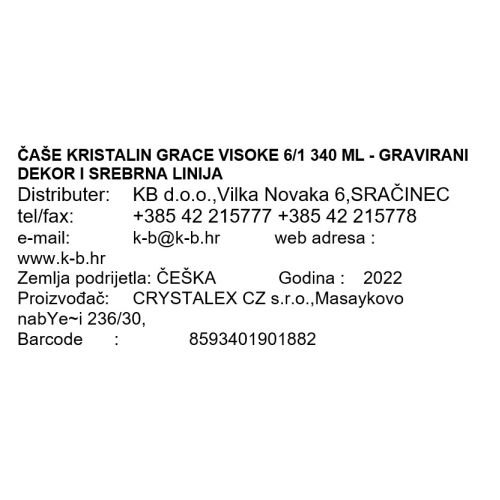 ČAŠE KRISTALIN GRACE VISOKE 6/1 340 ML - GRAVIRANI DEKOR I SREBRNA LINIJA