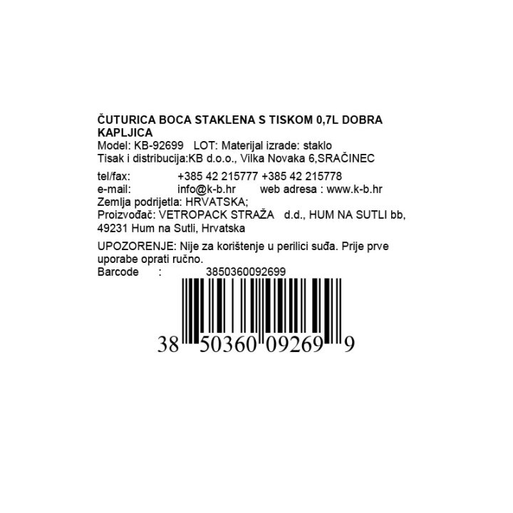 ČUTURICA BOCA STAKLENA S TISKOM 0,7L DOBRA KAPLJICA