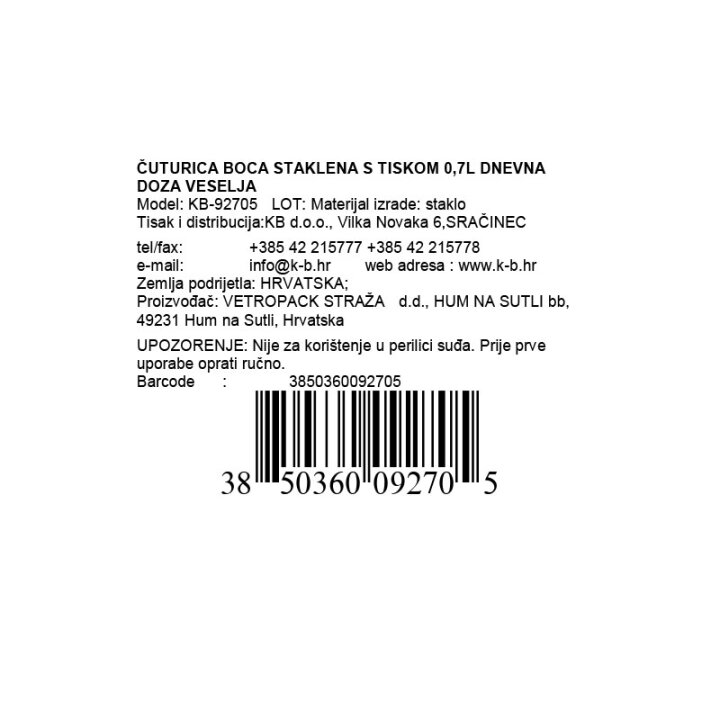 ČUTURICA BOCA STAKLENA S TISKOM 0,7L DNEVNA DOZA VESELJA