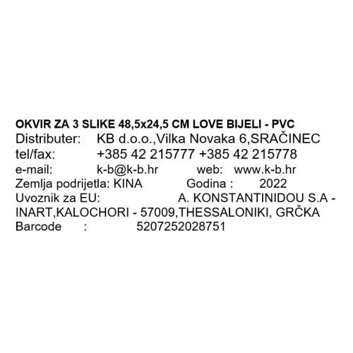 OKVIR ZA 3 SLIKE 48,5x24,5 CM LOVE BIJELI - PVC
