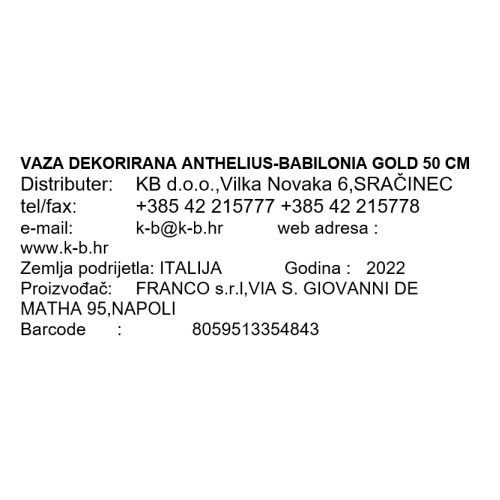 VAZA DEKORIRANA ANTHELIUS-BABILONIA GOLD 50 CM