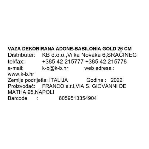 VAZA DEKORIRANA ADONE-BABILONIA GOLD 26 CM