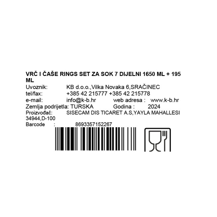 VRČ I ČAŠE RINGS SET ZA SOK 7 DIJELNI 1650 ML + 195 ML
