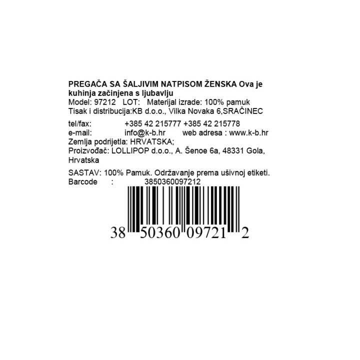 PREGAČA SA ŠALJIVIM NATPISOM ŽENSKA Ova je kuhinja začinjena s ljubavlju