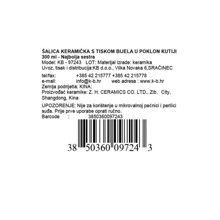 ŠALICA KERAMIČKA S TISKOM BIJELA U POKLON KUTIJI 300 ml - Najbolja sestra