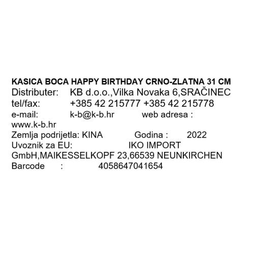 KASICA BOCA HAPPY BIRTHDAY CRNO-ZLATNA 31 CM