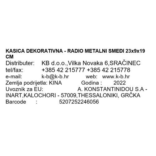 KASICA DEKORATIVNA - RADIO METALNI SMEĐI 23x9x19 CM