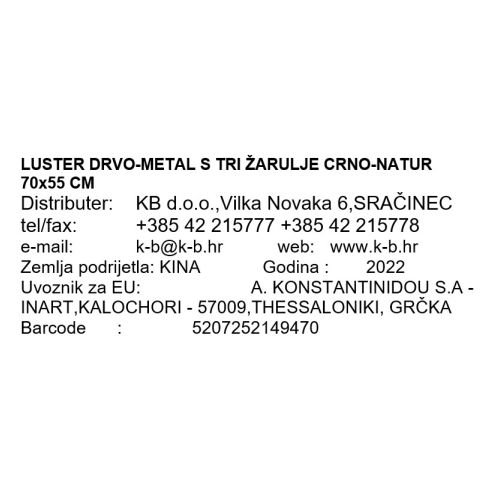 LUSTER DRVO-METAL S TRI ŽARULJE CRNO-NATUR 70x55 CM