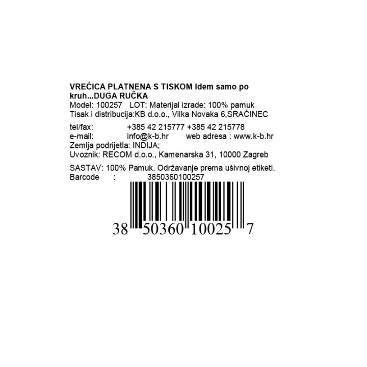 VREĆICA PLATNENA S TISKOM Idem samo po kruh...DUGA RUČKA 140g