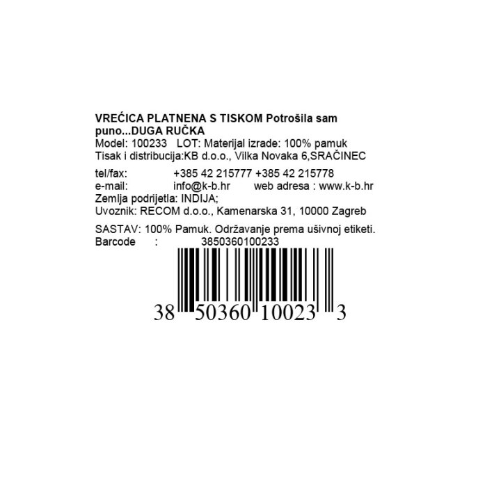 VREĆICA PLATNENA S TISKOM Potrošila sam puno...DUGA RUČKA 140g