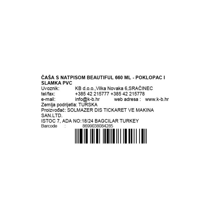 ČAŠA SA SLAMKOM I NATPISOM BAUTIFUL 660 ML - POKLOPAC PVC