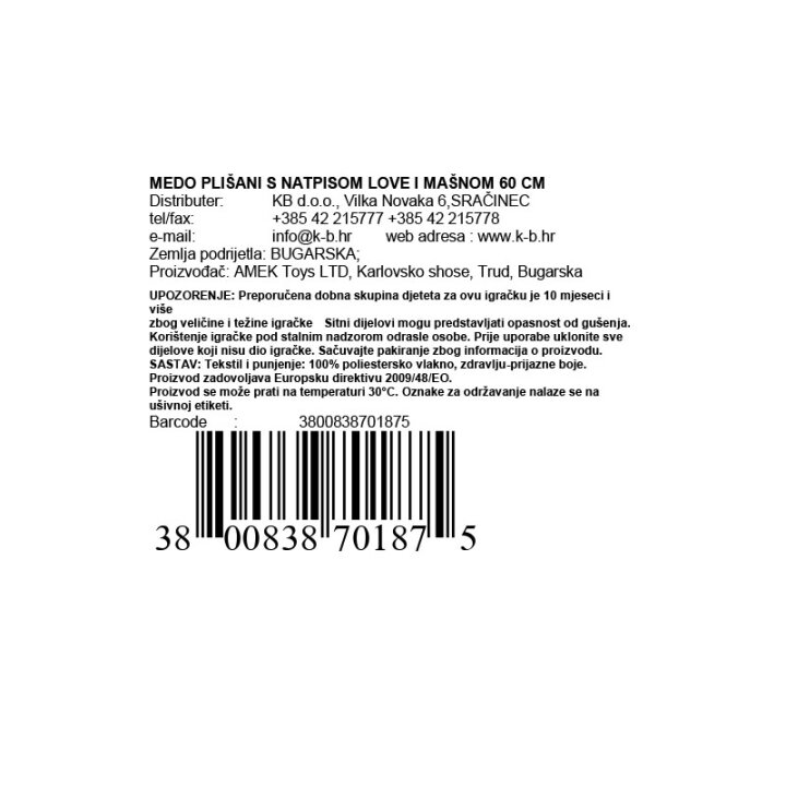 PLIŠANI MEDO S NATPISOM LOVE I MAŠNOM 60 CM