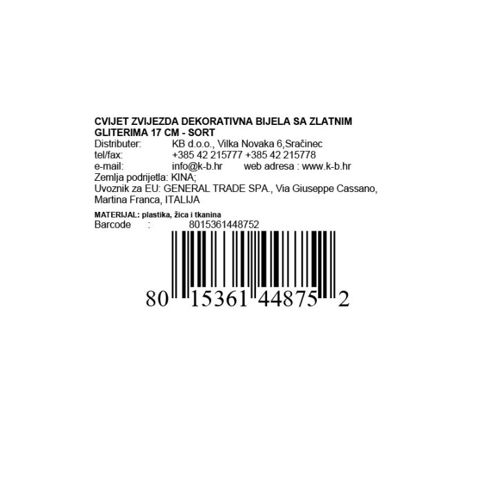 CVIJET ZVIJEZDA DEKORATIVNA BIJELA SA ZLATNIM GLITERIMA 17 CM - SORT