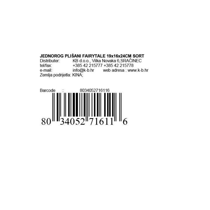 JEDNOROG PLIŠANI FAIRYTALE 19x16x24CM SORT