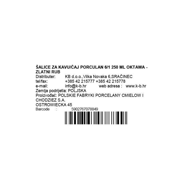 ŠALICE ZA KAVU/ČAJ PORCULAN 6/1 250 ML OKTAWA - ZLATNI RUB