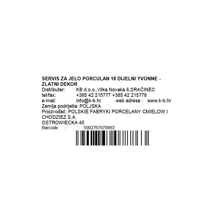 SERVIS ZA JELO PORCULAN 18 DIJELNI YVONNE - ZLATNI DEKOR