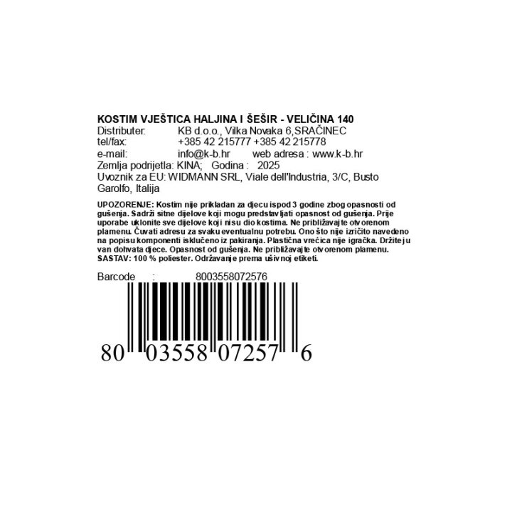 KOSTIM VJEŠTICA ZA MAŠKARE - VELIČINA 140 CM