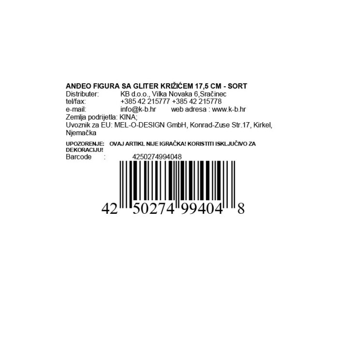 ANĐEO FIGURA SA GLITER KRIŽIĆEM 17,5 CM - SORT