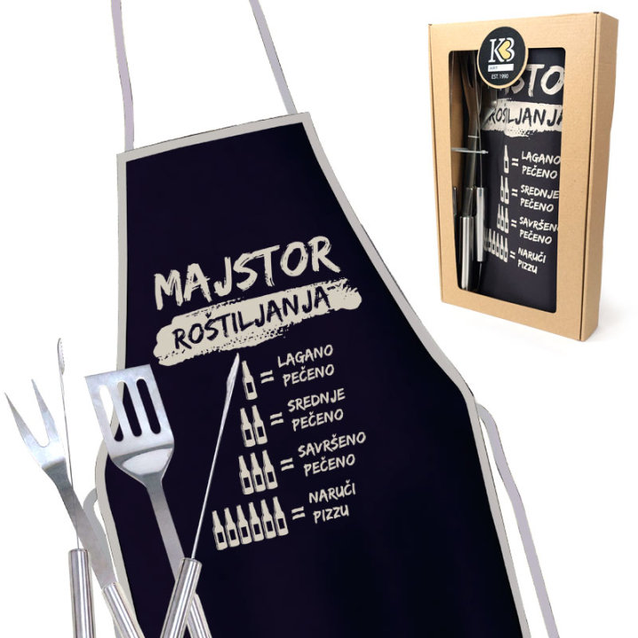 SET ZA ROŠTILJ U POKLON KUTIJI - INOX PRIBOR 3dij I PREGAČA  Majstor roštiljanja