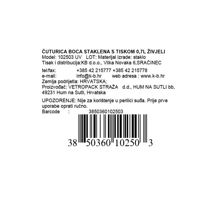 ČUTURICA BOCA STAKLENA S TISKOM 0,7L ŽIVJELI UV
