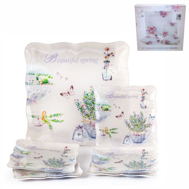 STAKLENI DEKORATIVNI 7 DIJELNI SET TANJURA ZA KOLAČE LAVENDER SPRING