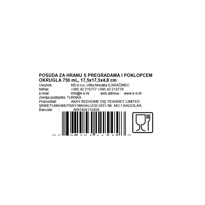 PLASTIČNA POSUDA ZA HRANU S PREGRADAMA I POKLOPCEM 750 mL