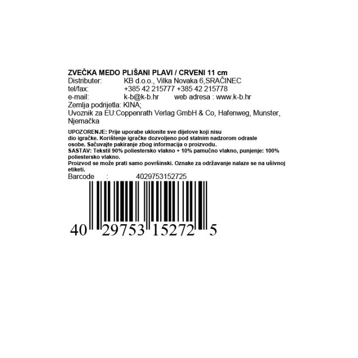 BABY PLIŠ MEDO PLAVI / CRVENI 11 cm