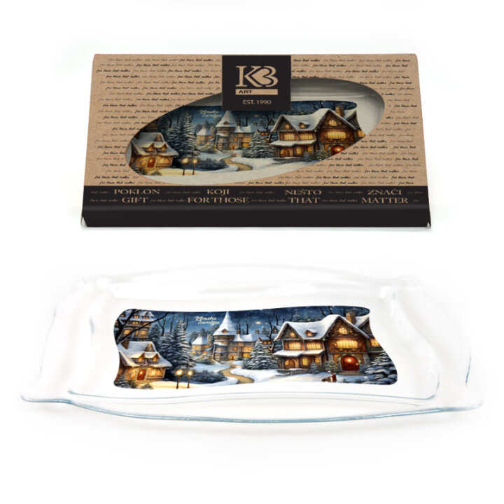 BOŽIĆNA TACNA PATISSERIE STAKLENA 34x22cm SA TISKOM Zimska čarolija U POKLON KUTIJI