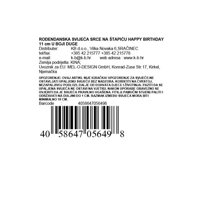 ROĐENDANSKA SVIJEĆA SRCE NA ŠTAPIĆU HAPPY BIRTHDAY 11 cm U BOJI DUGE