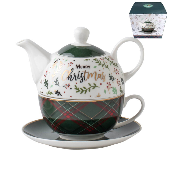 BOŽIĆNI ČAJNIK 400 ML I ŠALICA 280 ML S TANJURIĆEM DEKORIRANA NEW BONE