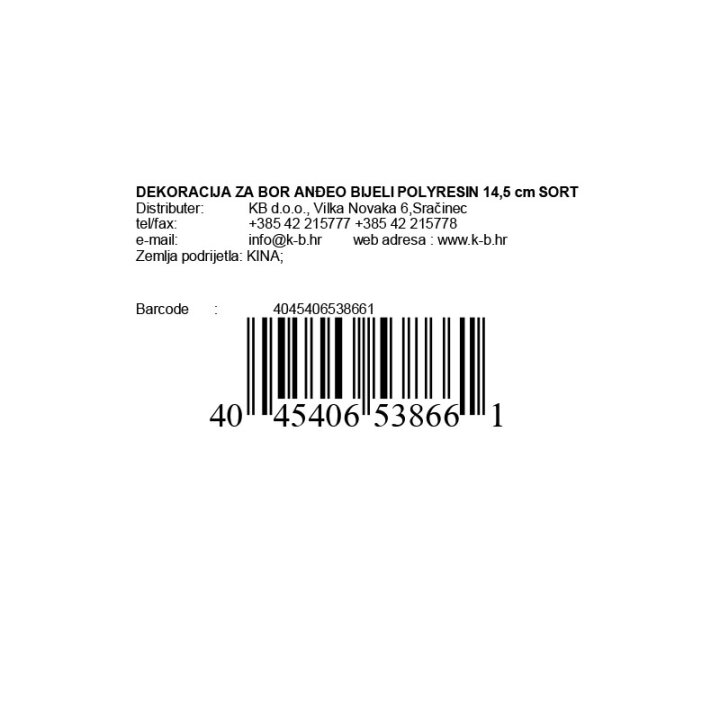 DEKORACIJA ZA BOR ANĐEO BIJELI POLYRESIN 14,5 cm