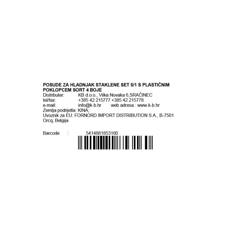 POSUDE ZA HRANU ZA HLADNJAK STAKLENE SET 5/1 S PLASTIČNIM POKLOPCEM SORT 4 BOJE