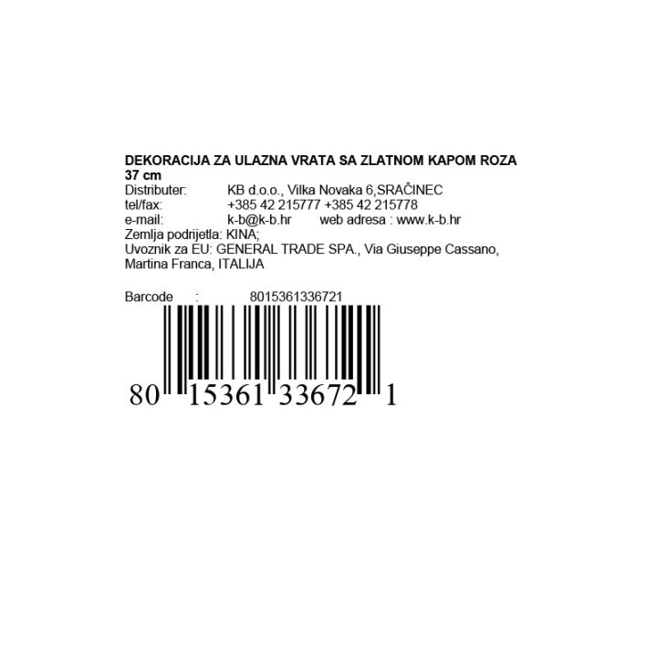 DEKORACIJA ZA ULAZNA VRATA SA ZLATNOM KAPOM ROZA 37 cm