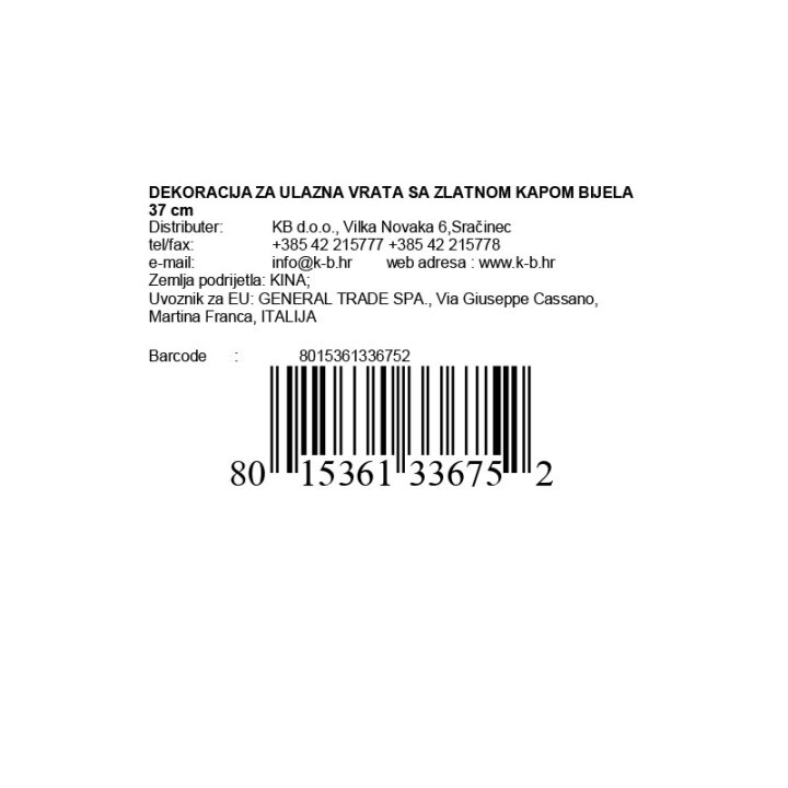 BOŽIĆNA DEKORACIJA ZA ULAZNA VRATA SA ZLATNOM KAPOM BIJELA 37 cm